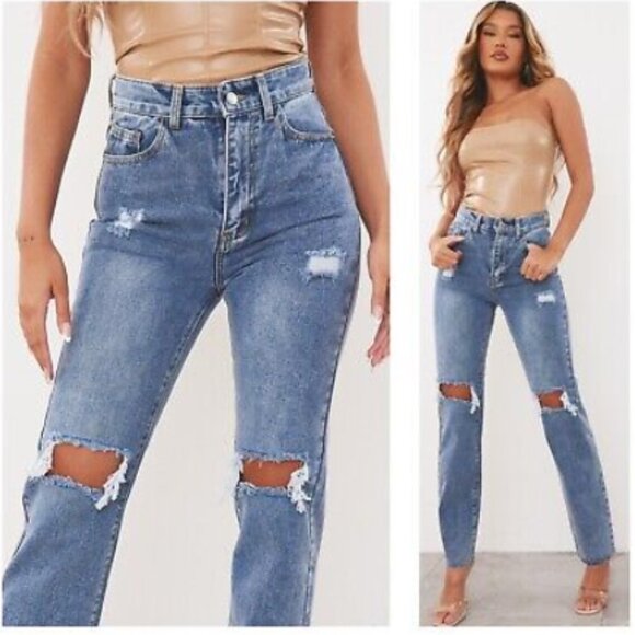PrettyLittleThing Jeans Women's Size 4 Mid Wash High‎ Rise TALL Ripped Straight - Picture 1 of 14